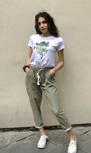 Pantalone misto lino con risvolto in pizzo san gallo